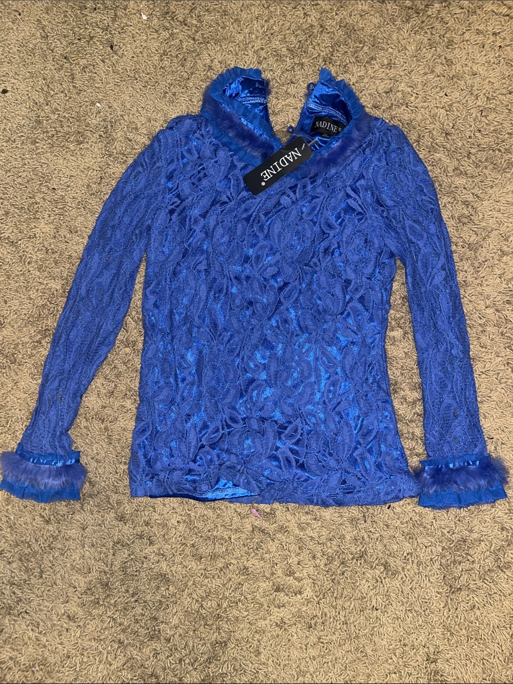 Nadine Royal Blue Floral Lace Long-Sleeve Top with Ruffle Trim